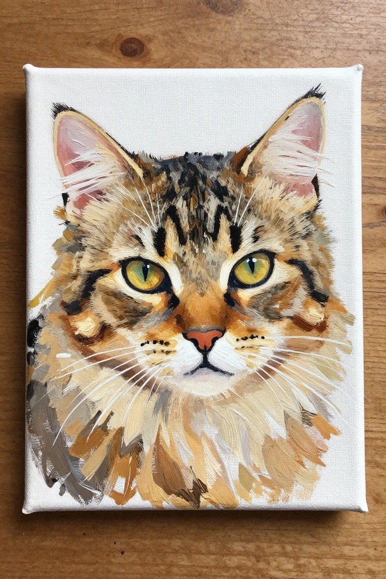 Realistic tabby cat portrait painting with yellow eyes on white canvas over wood