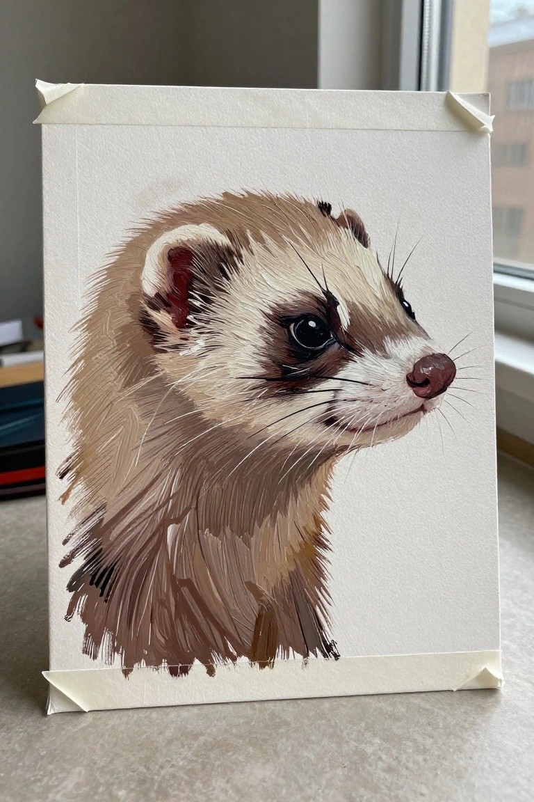 Realistic ferret painting on white canvas with masking tape edges and textured fur.