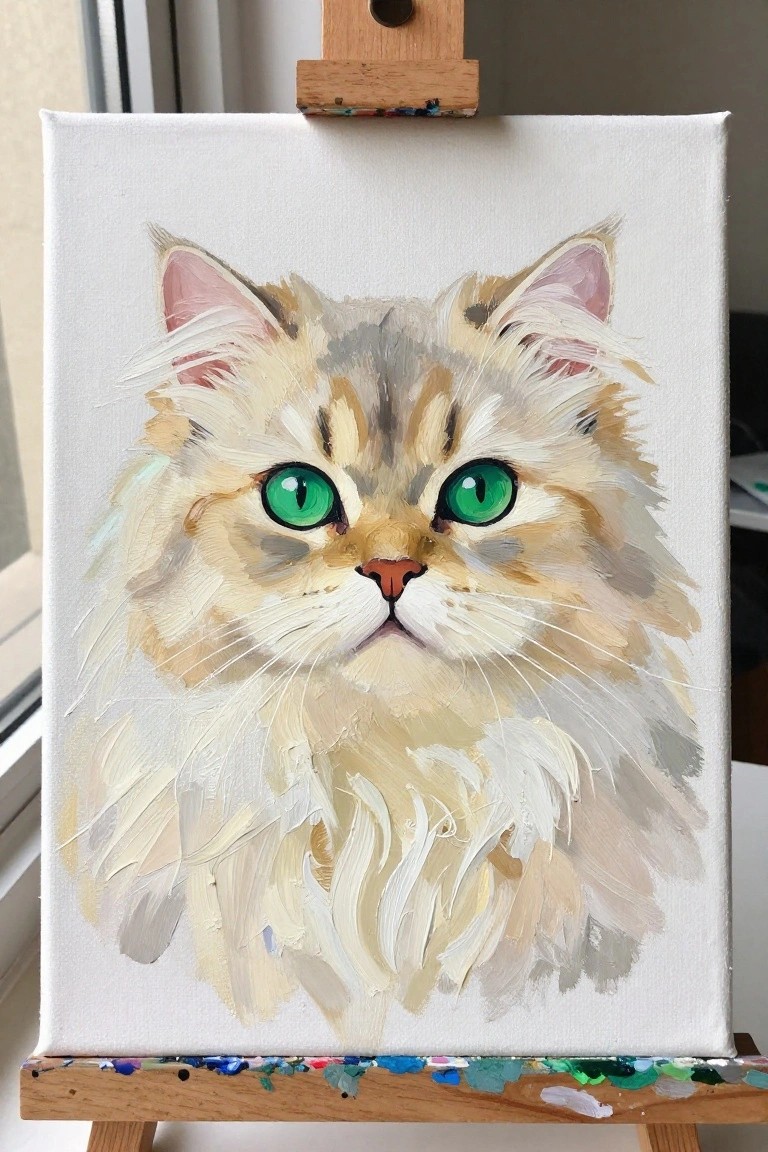 Fluffy long-haired cat with vivid green eyes on paint-splattered easel canvas.
