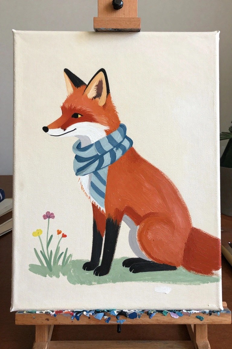 An acrylic painting of a red fox wearing a blue striped scarf sitting on a green patch with small flowers.