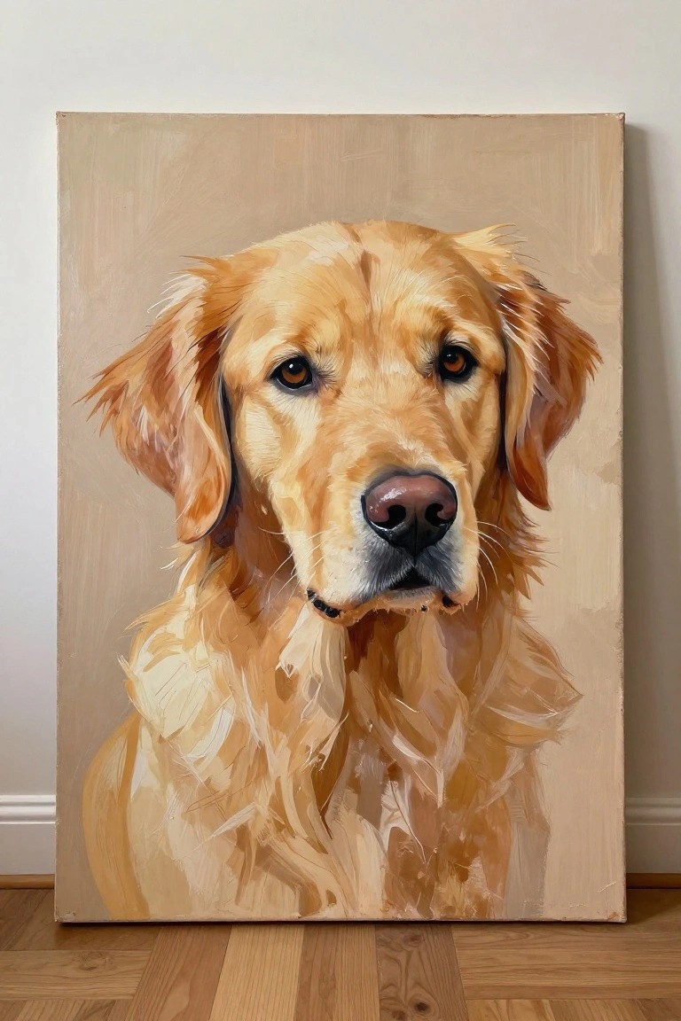 Golden retriever oil painting on canvas leaning against wall above wooden floor