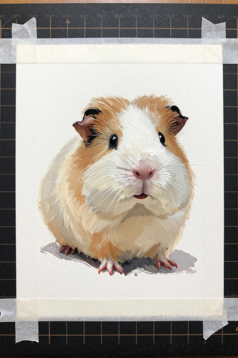 Realistic painting of a brown and white guinea pig on paper taped to black mat.