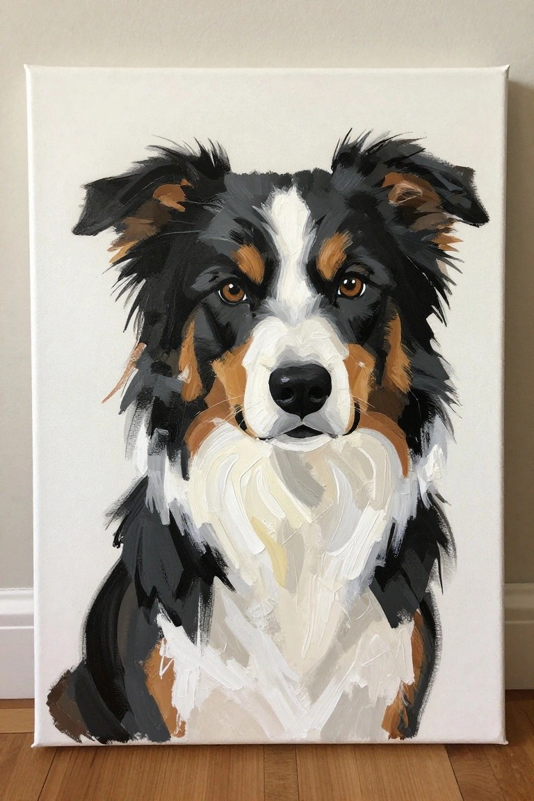 Loose brushstroke painting of tri-color dog with brown eyes on white canvas
