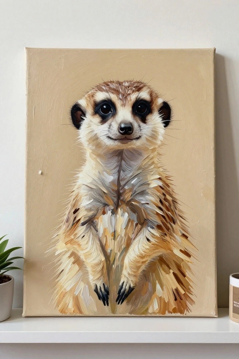 Textured oil painting of a standing meerkat with brown fur on beige canvas