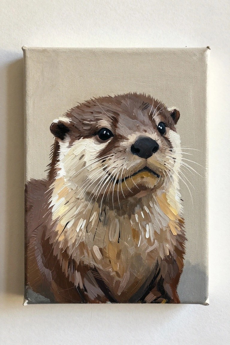 Brushstroke painting of otter with brown fur, white whiskers, black nose on canvas