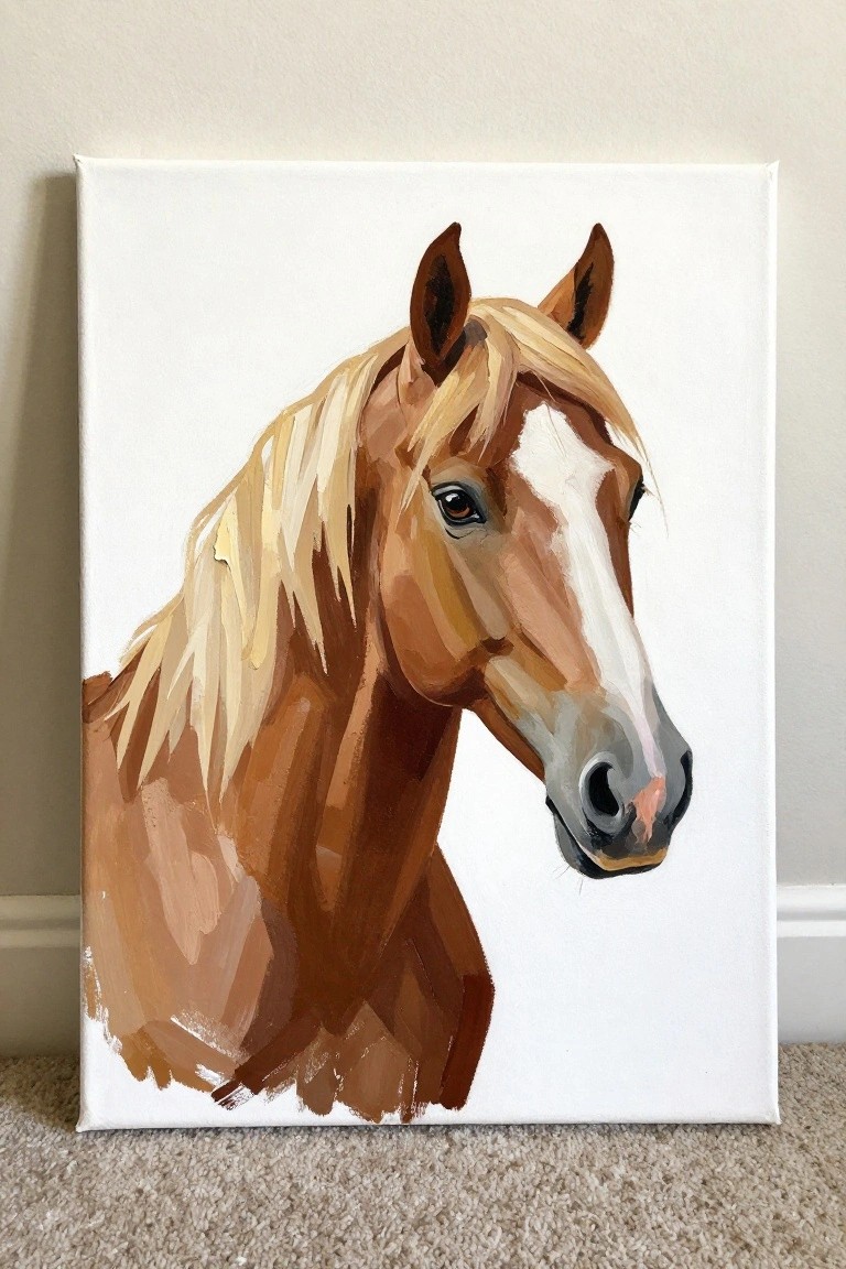 Brown horse head painting on white canvas propped against wall on carpet