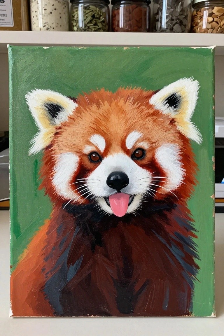 Red panda painting on canvas with green background and spice jars on shelf
