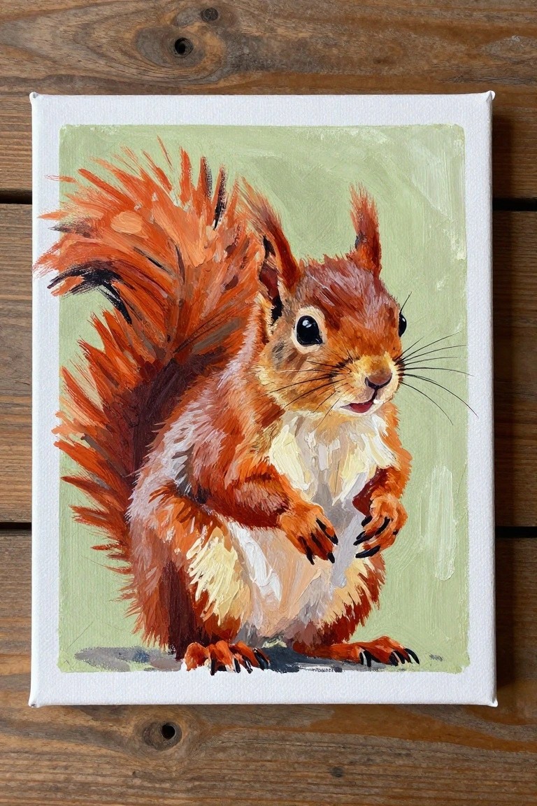 Acrylic painting of red squirrel with bushy tail on light green background
