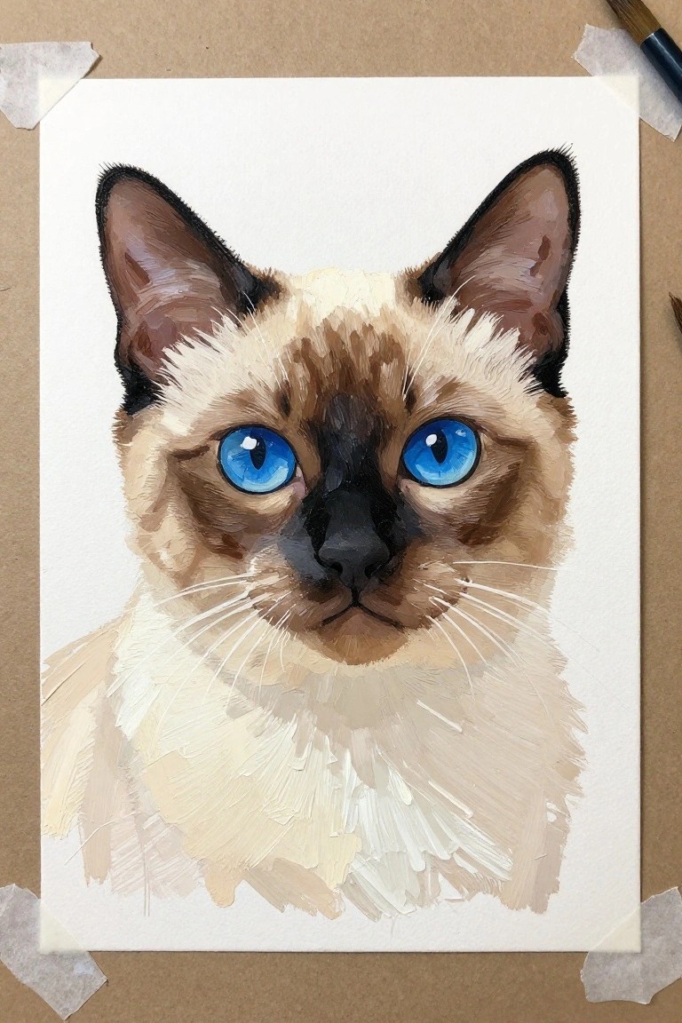 Realistic painting of blue-eyed Siamese cat on white paper with tape.
