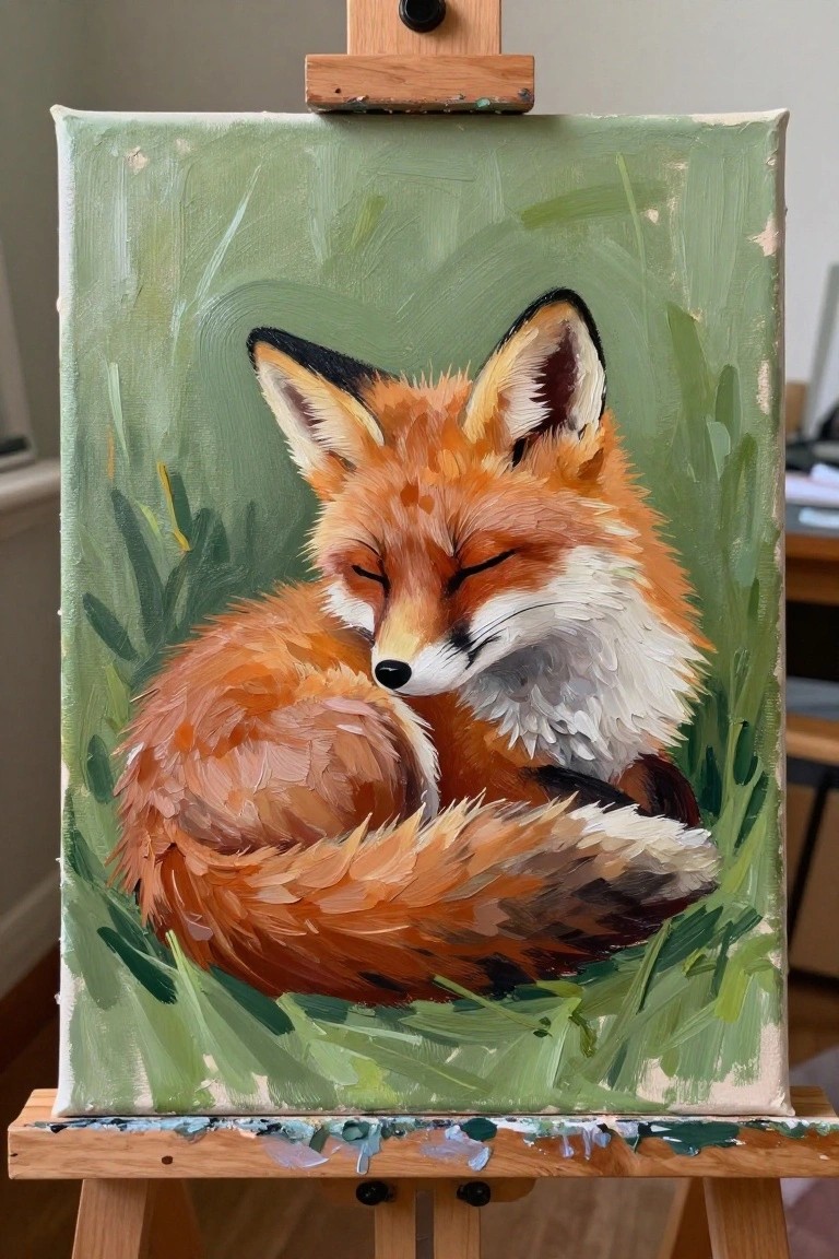 Oil painting of a sleeping curled fox in orange fur on a green easel.
