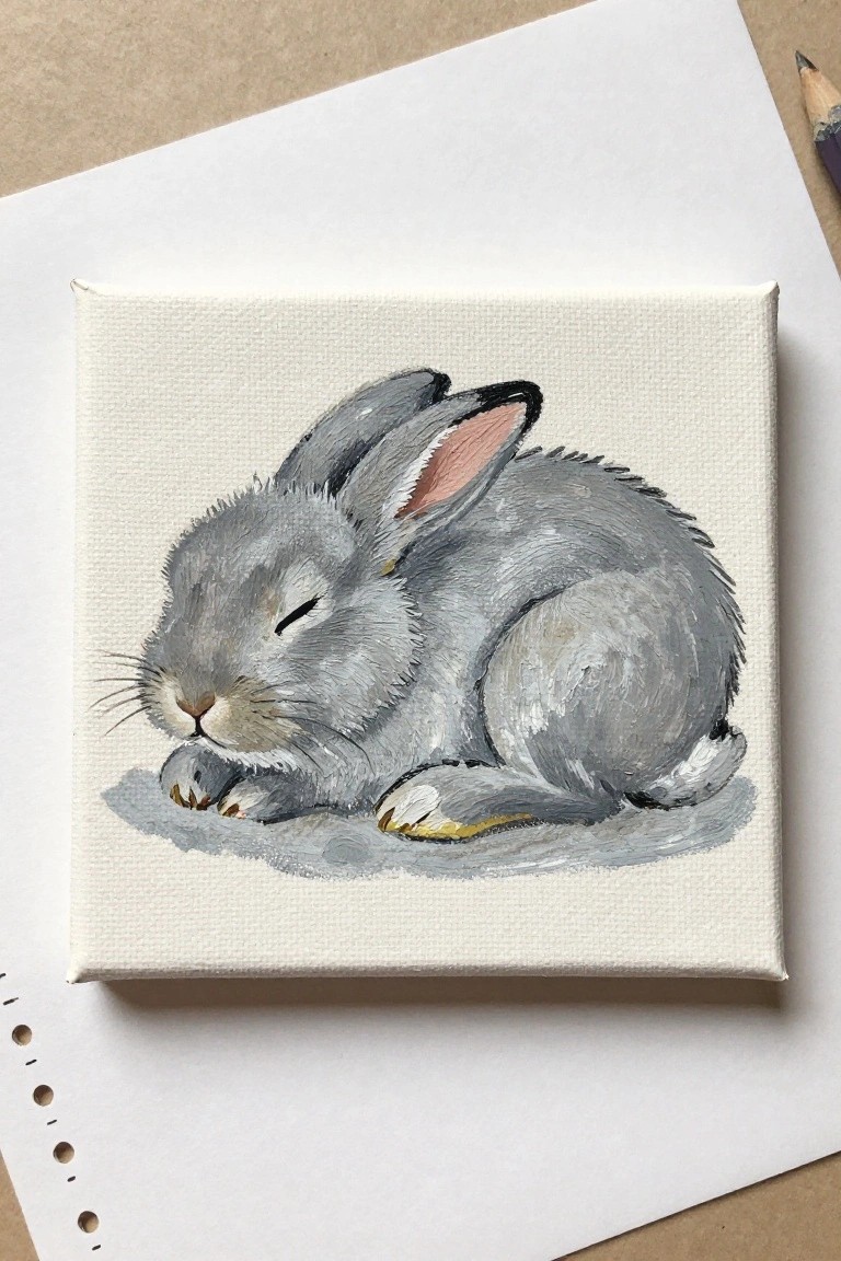 A small square canvas shows a gray rabbit curled up asleep with closed eyes and a pink inner ear.