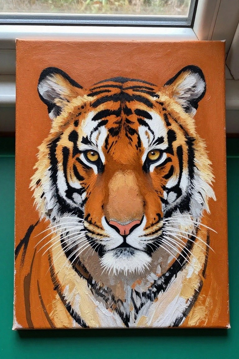 Detailed tiger face painting with orange fur, black stripes on orange canvas.