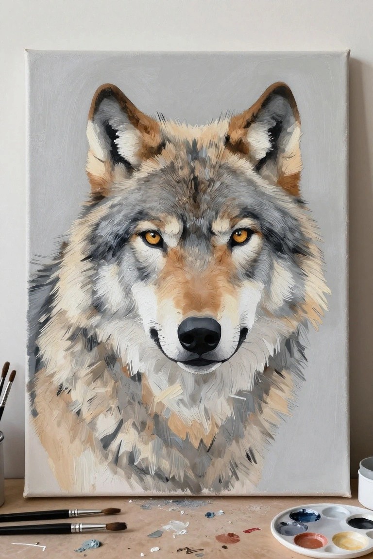 Wolf painting on canvas with orange eyes amid scattered brushes and paint palette
