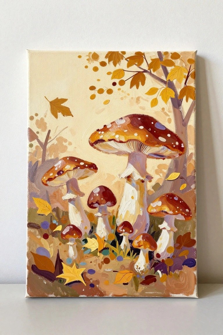 Vibrant painting of autumn mushrooms with orange caps amid colorful leaves.