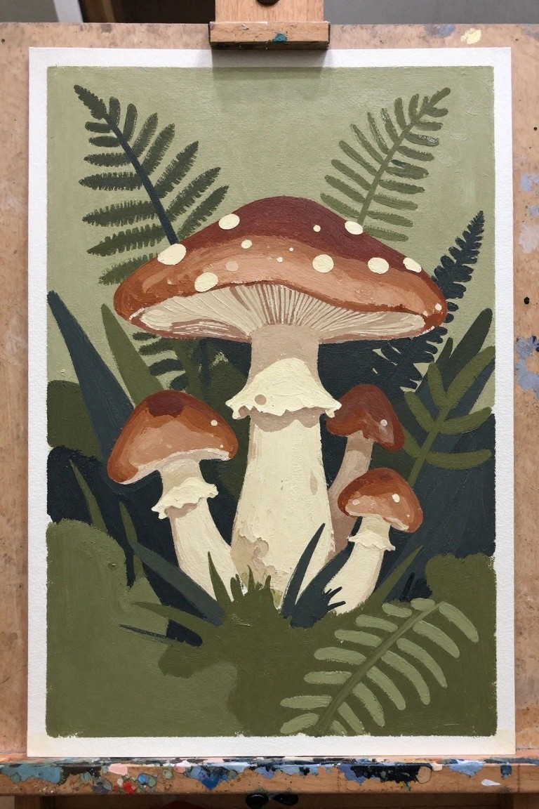 Still life painting of spotted mushrooms and ferns in earthy tones on easel.