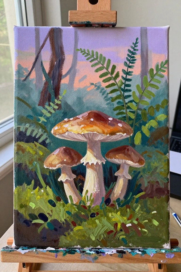 Three mushrooms in a forest with ferns and sunset sky, painted on easel