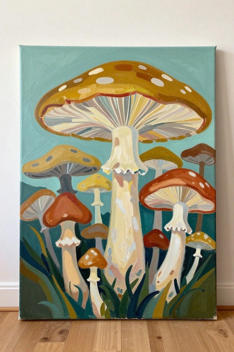 Vivid painting of large spotted mushrooms with smaller ones on teal background with grass