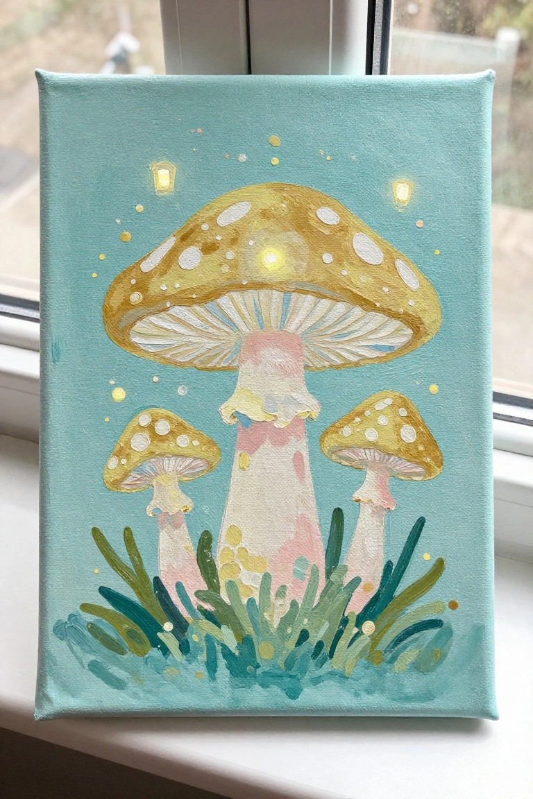 Teal canvas painting of three glowing spotted mushrooms amid green grass and lights