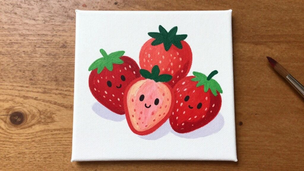 Five cute cartoon strawberries with faces on a white canvas.