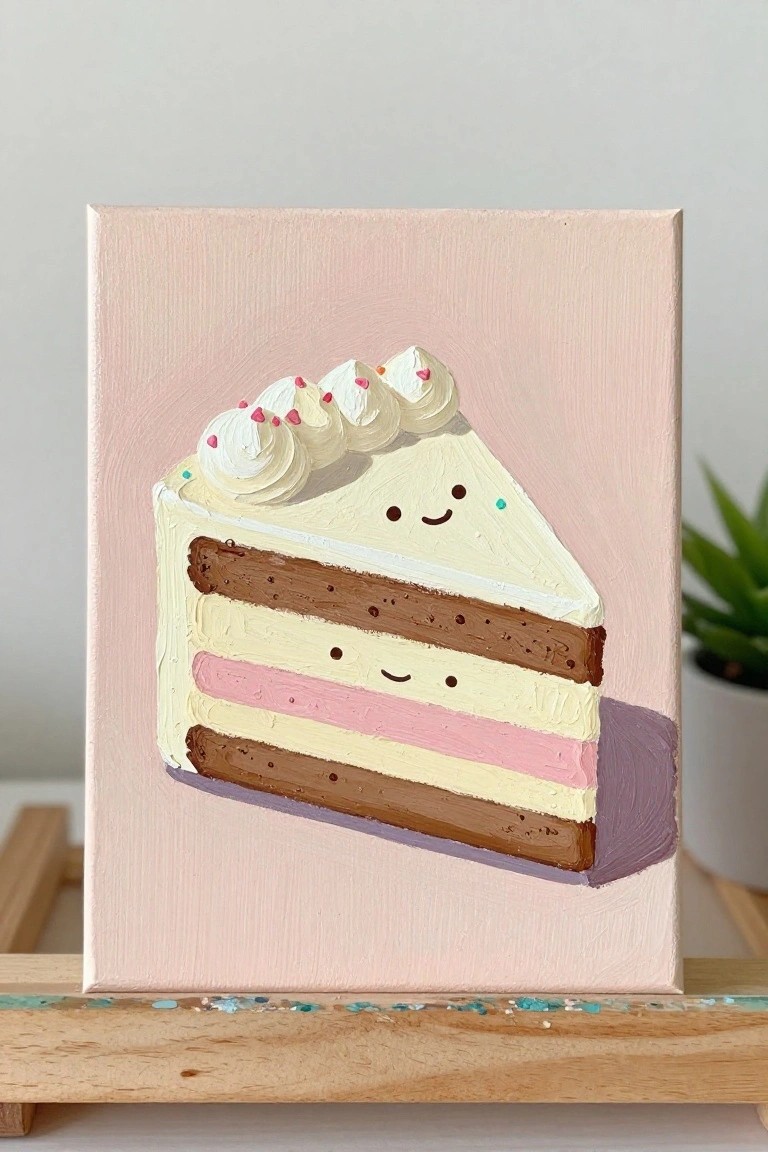 Adorable layered cake slice with smiling faces painted on pink canvas.
