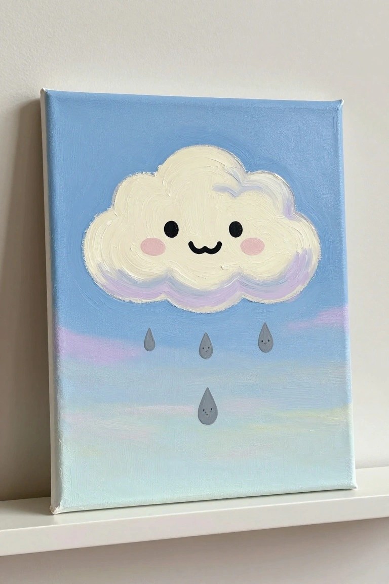 Smiling cloud with pink cheeks and four cute raindrops on blue sky canvas.