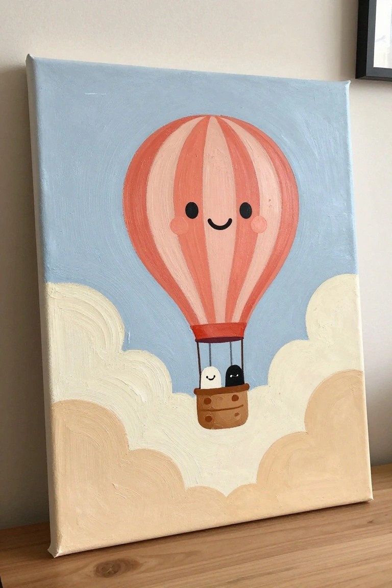 Striped pink hot air balloon with smiling face above clouds in painted basket scene