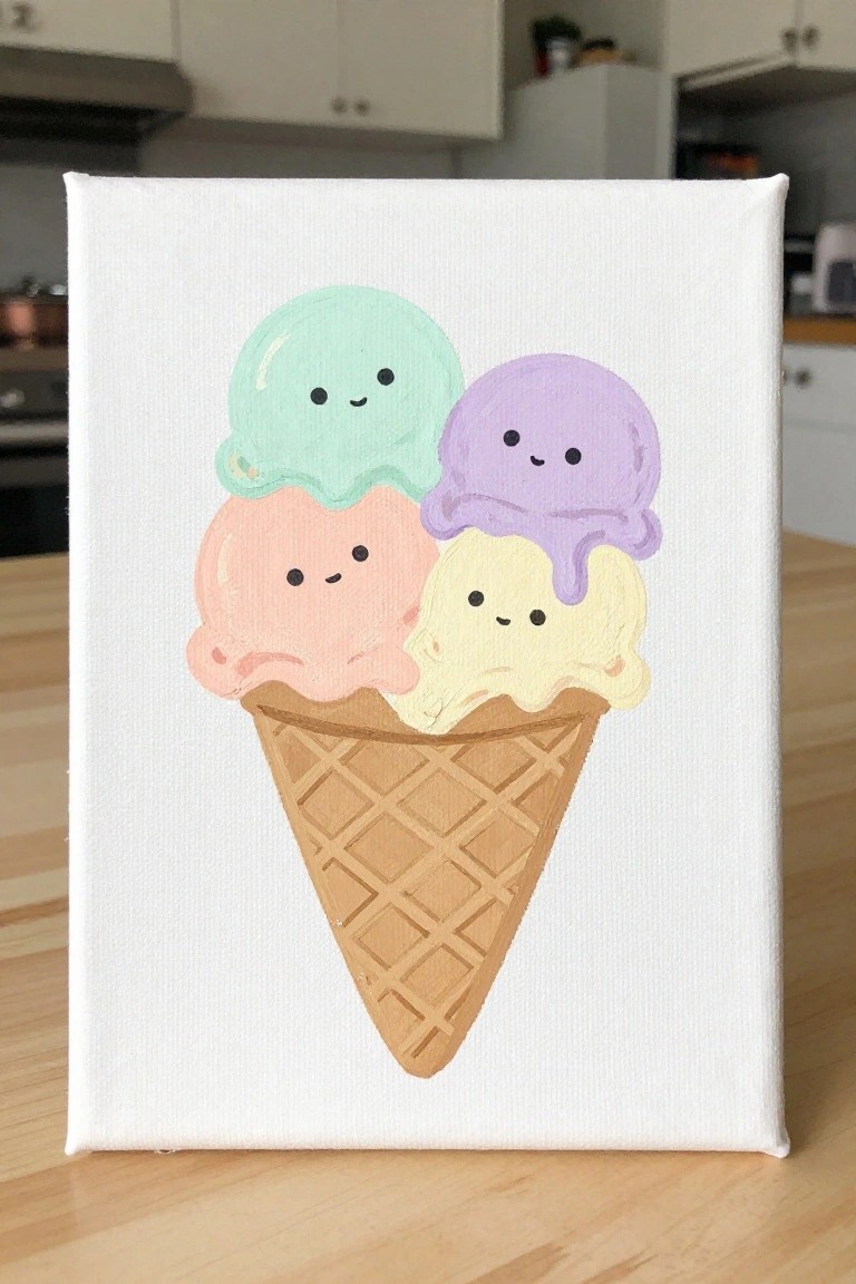 Kawaii painting of waffle cone with four smiling pastel ice cream scoops on canvas