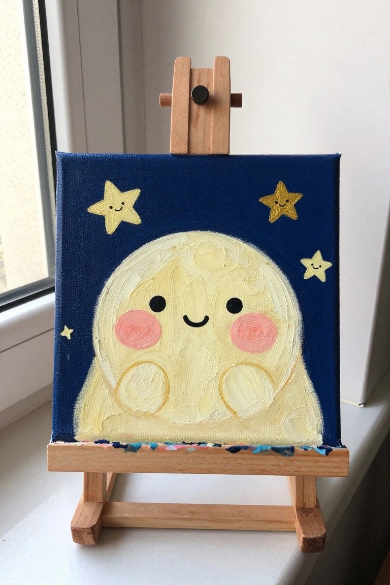 Cute chubby moon with rosy cheeks and smiling stars on blue canvas on easel