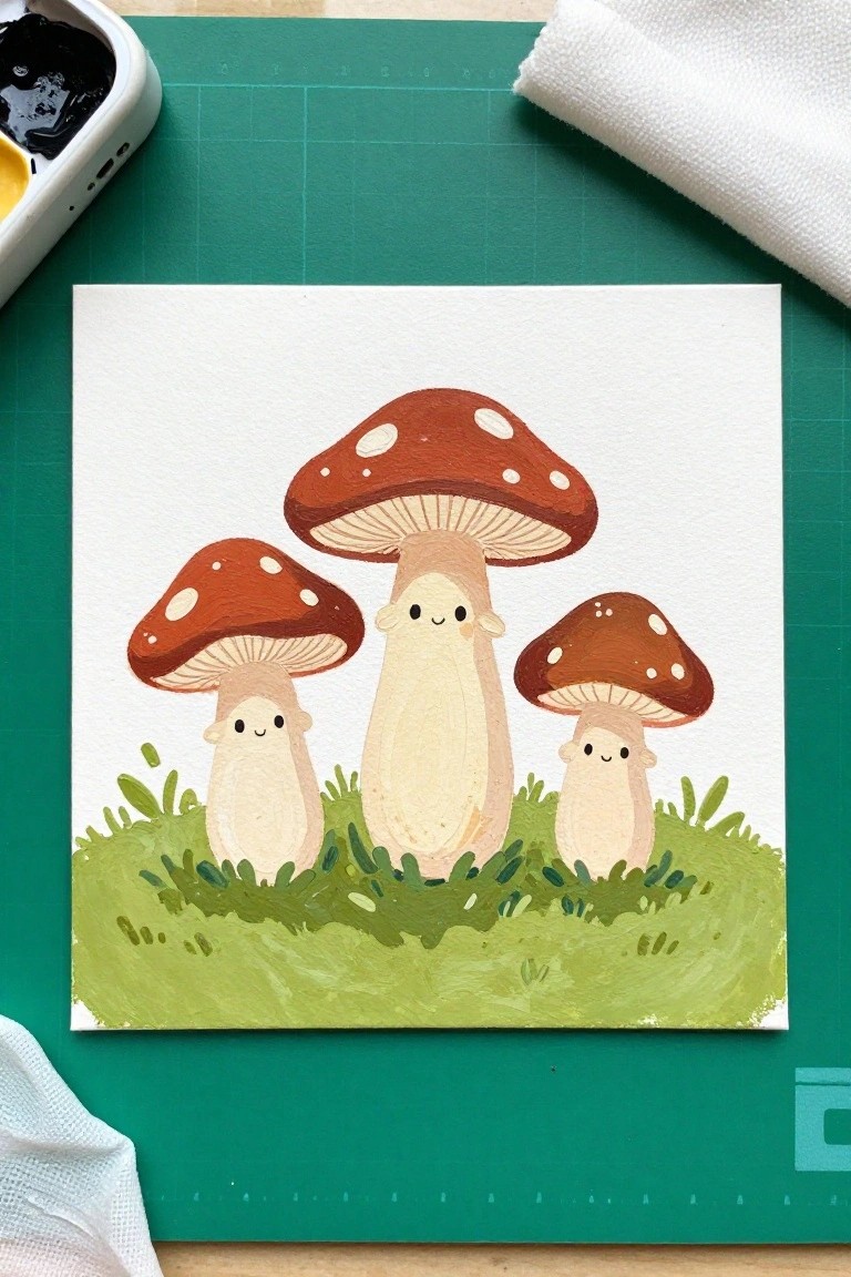 Three cute mushrooms with faces on green grass, surrounded by art supplies