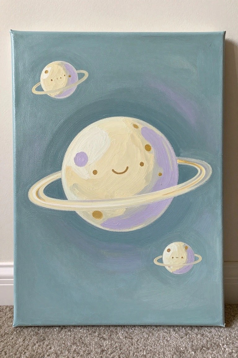 Three cartoon planets with smiling faces and rings painted against a teal background.