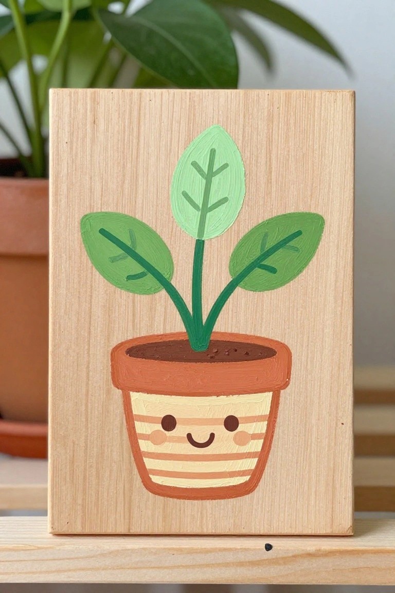 Wooden plaque painted with cute smiling plant in striped terracotta pot