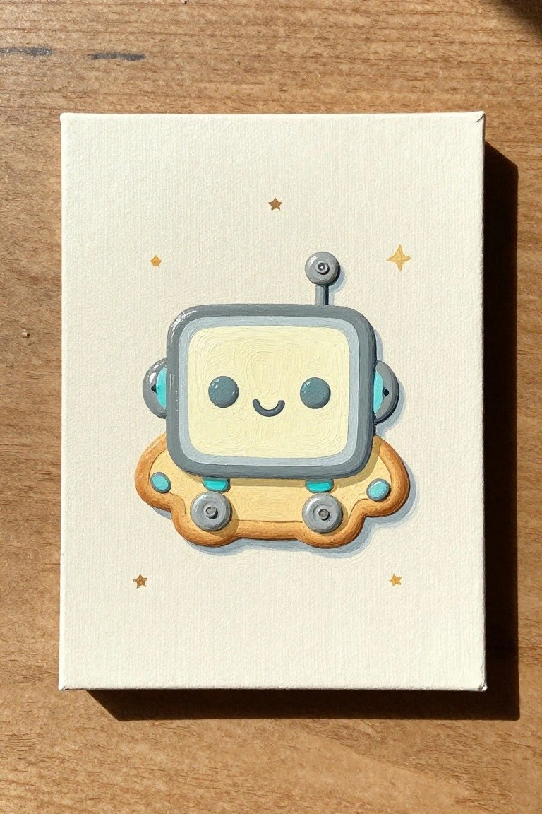 Cute cartoon robot with smiling face and antenna on yellow cloud base amid stars.