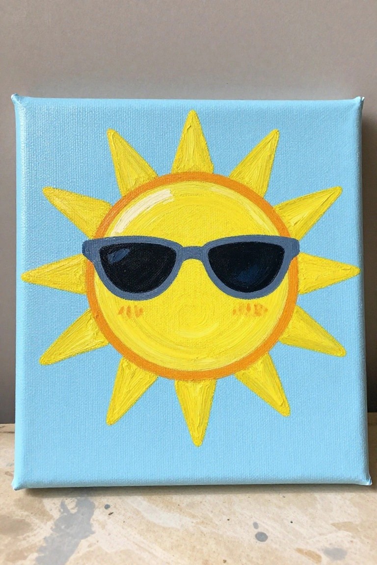Acrylic painting of a yellow sun with sunglasses on a light blue background.