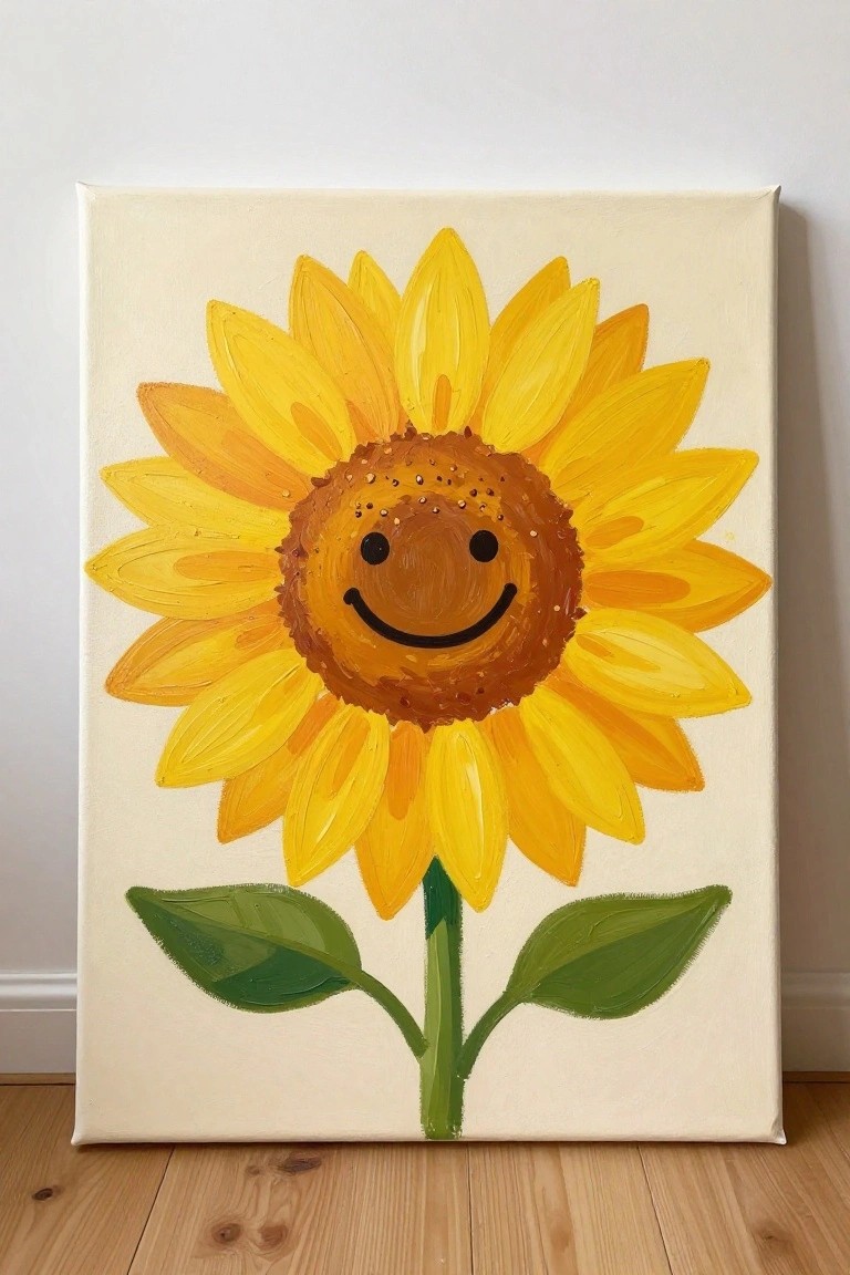 Smiling sunflower painting with yellow petals, brown center, green stem and leaves on canvas.