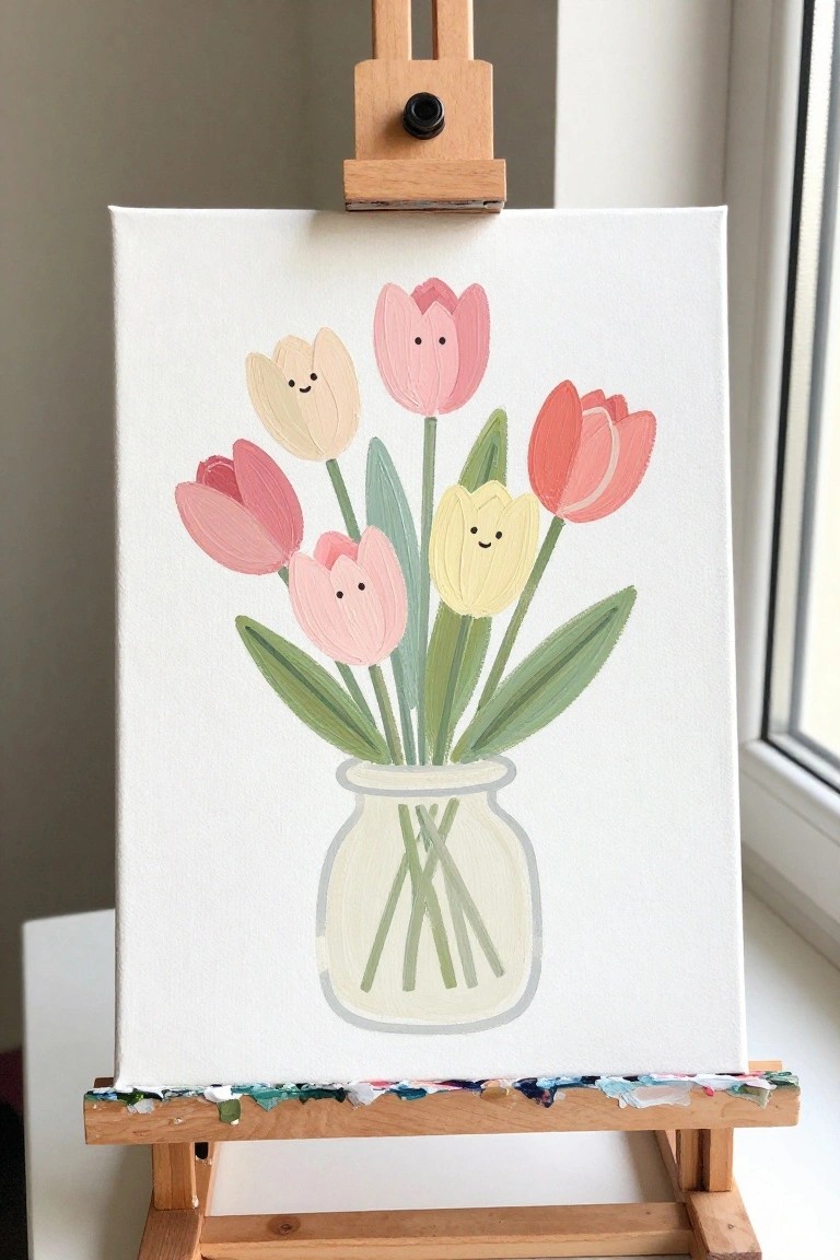 Easel holding canvas with smiling pastel tulips in a white vase