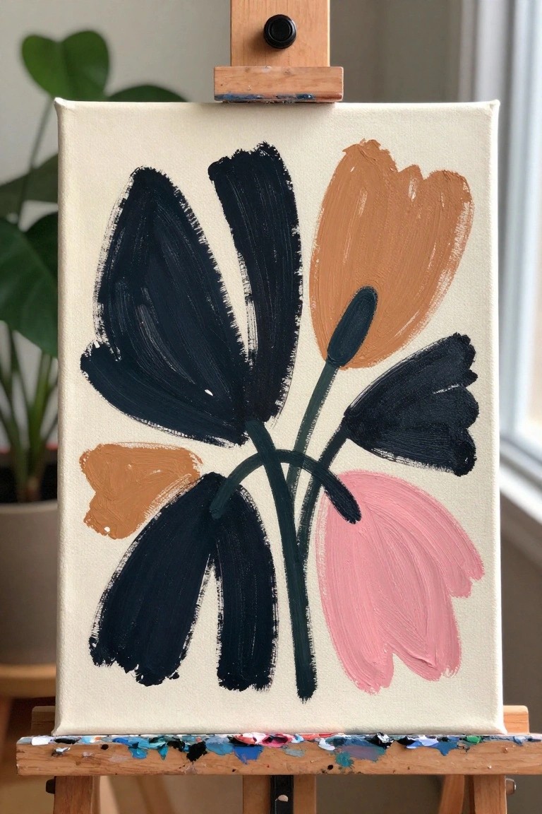 Abstract floral acrylic painting with bold black, brown, and pink shapes on a cream background.
