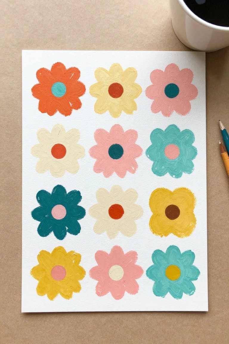 Grid of twelve colorful painted flowers on white paper with cup and pencils nearby.
