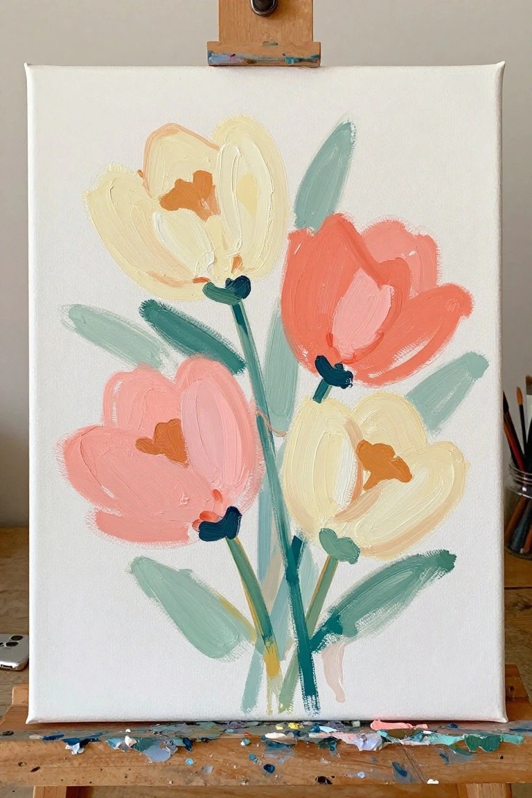 Abstract floral painting with pink, yellow, and coral tulips on white canvas.
