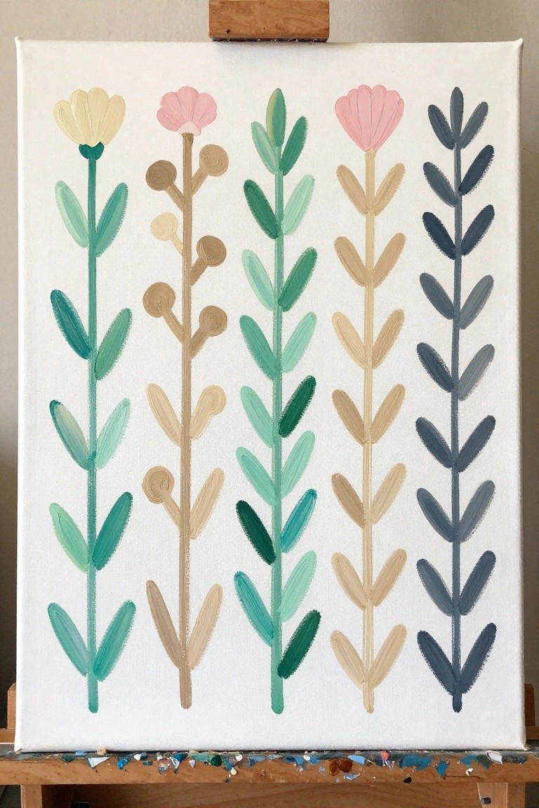 Abstract painting of five colorful stylized flowers on white canvas