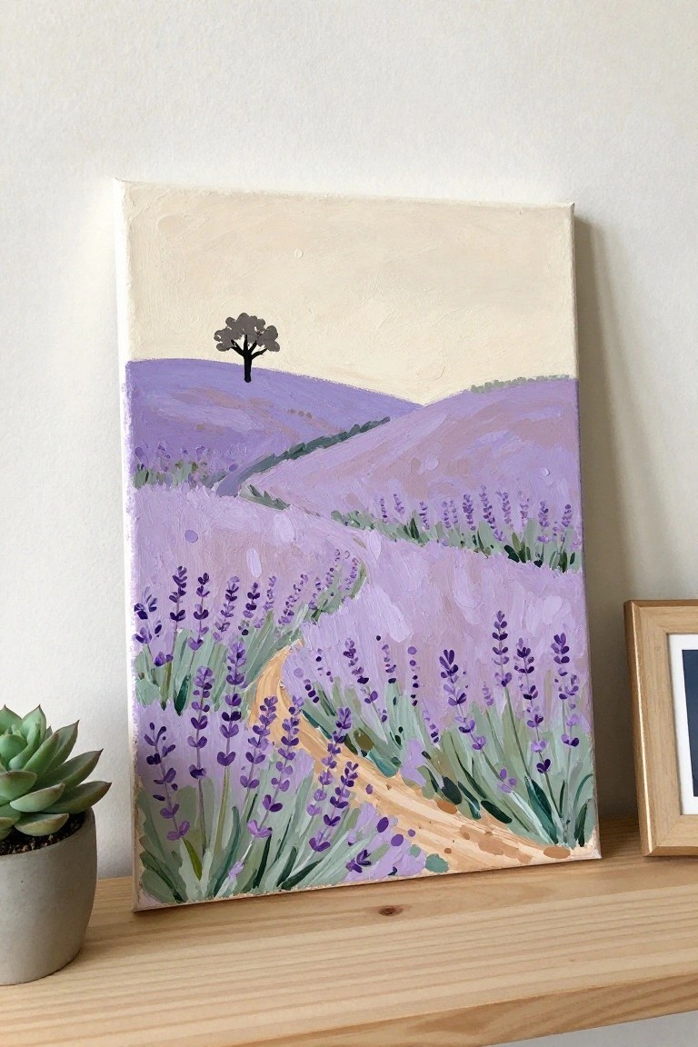 Lavender field painting on shelf beside potted succulent and picture frame