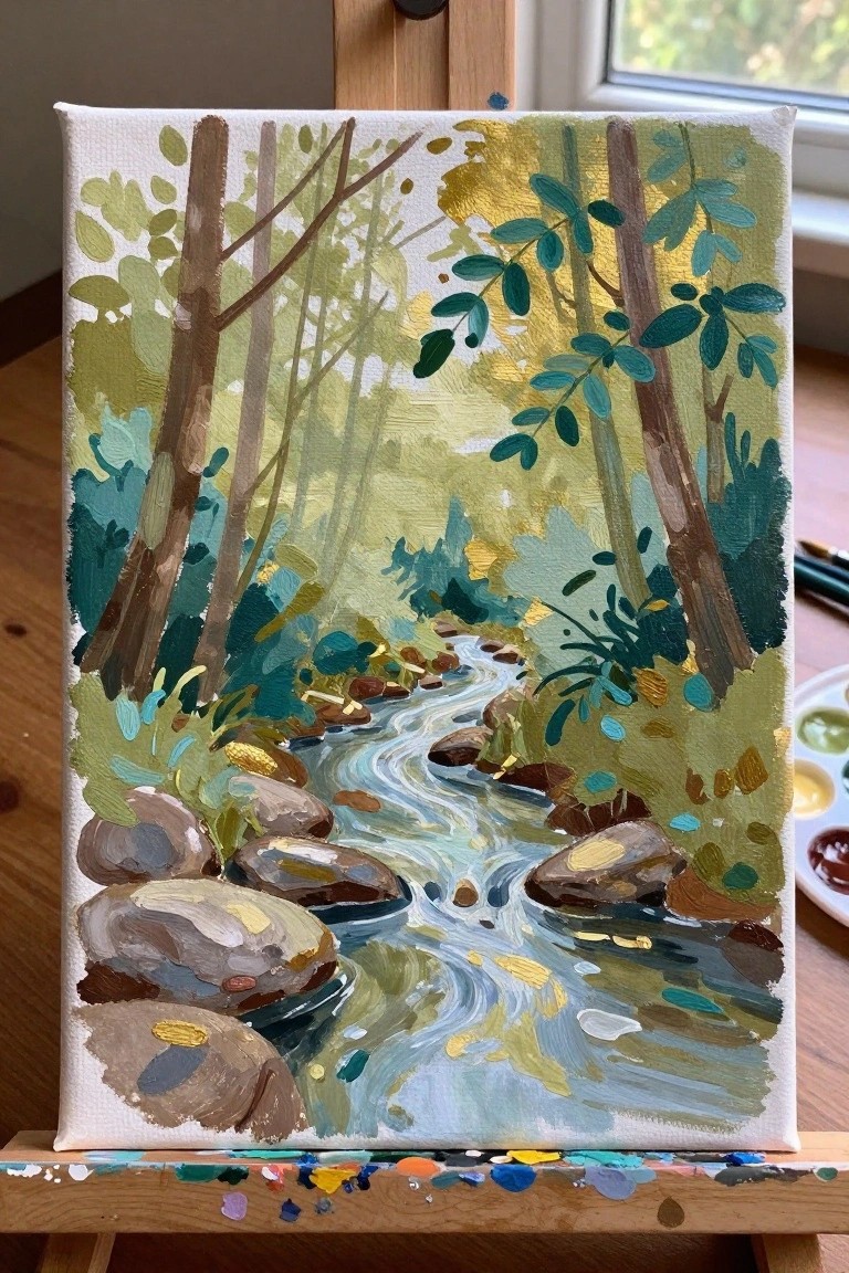 Acrylic painting on easel of winding stream through lush green forest with rocks.