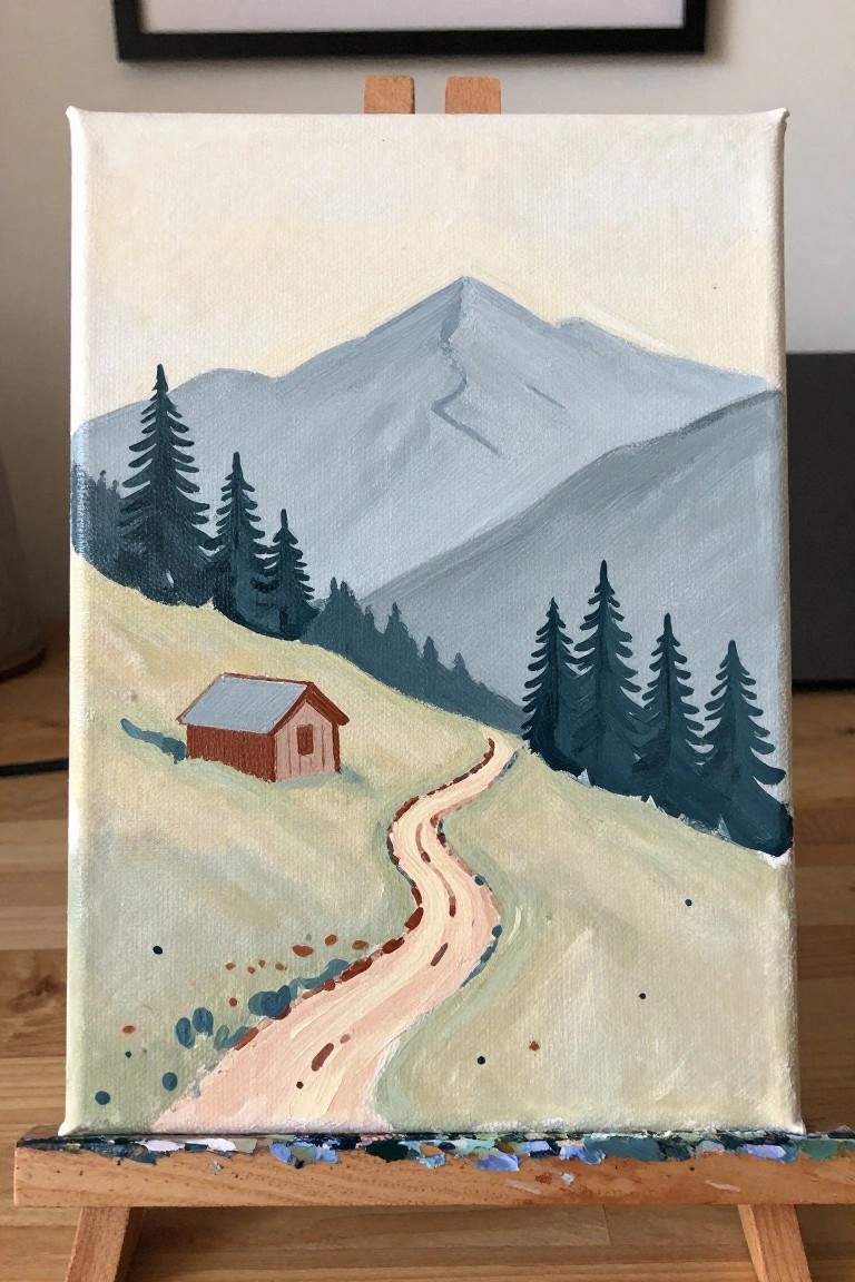 Easel displays painting of red cabin, winding path, pine trees, and blue mountains.