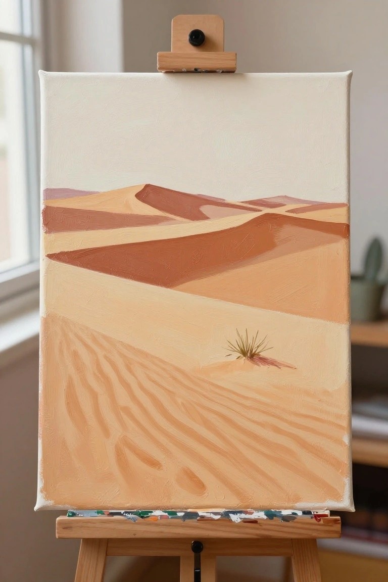 Canvas on wooden easel with minimalist painting of orange sand dunes and desert plant.