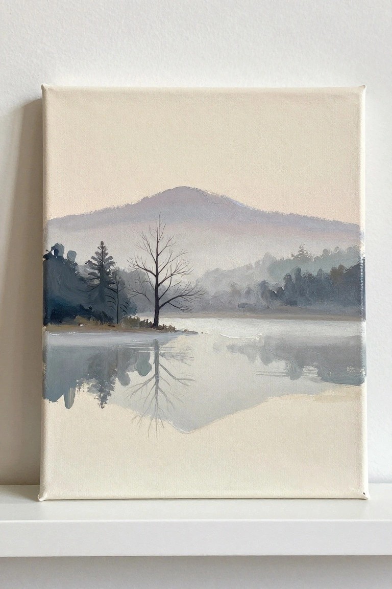 Serene misty mountain landscape painting with bare tree reflections in calm water