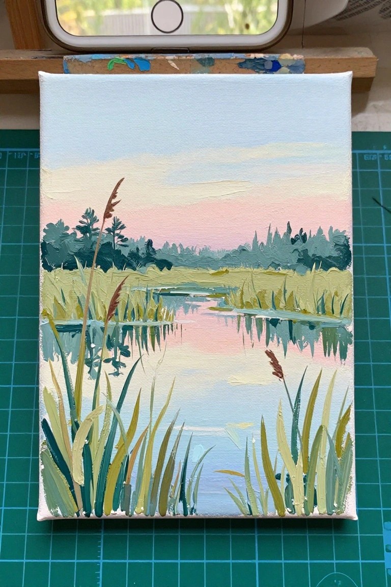 Landscape painting of calm pond with reeds, trees, and pink sunset reflections