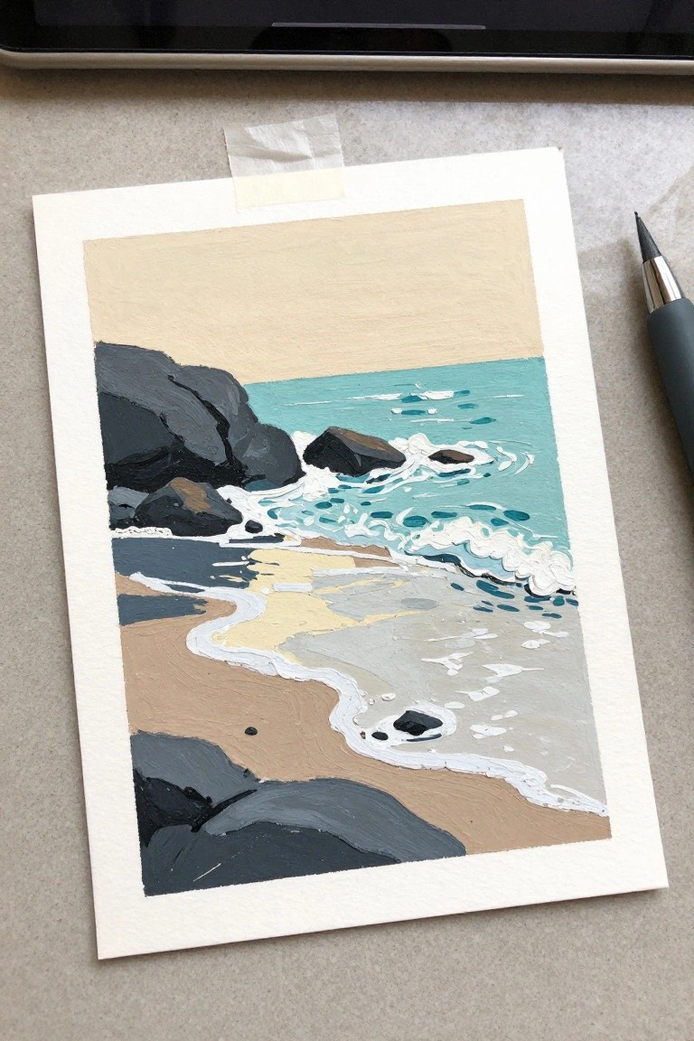 Coastal painting with turquoise waves, white foam, dark rocks, and sandy beach beside a pen