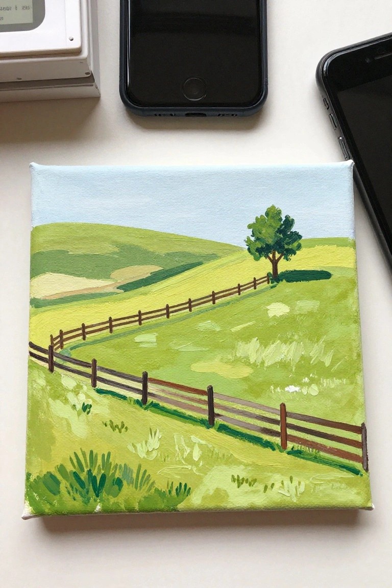 Miniature landscape painting on canvas with green hills, fence, tree near smartphones