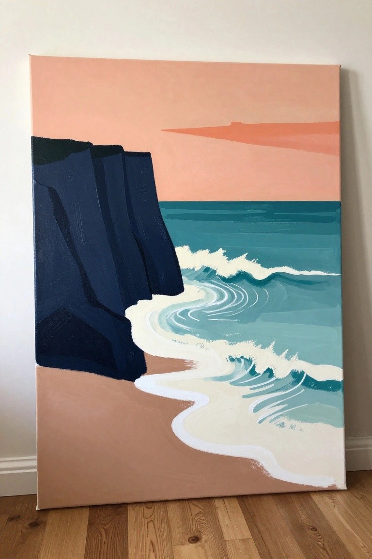 Abstract painting of navy cliffs, teal waves, white foam on peach sand under orange sky