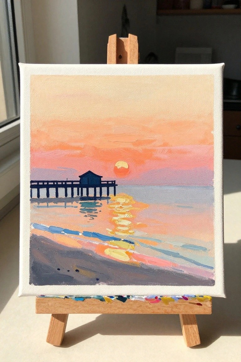 Vibrant sunset painting with pier, sun reflection on water, on wooden easel