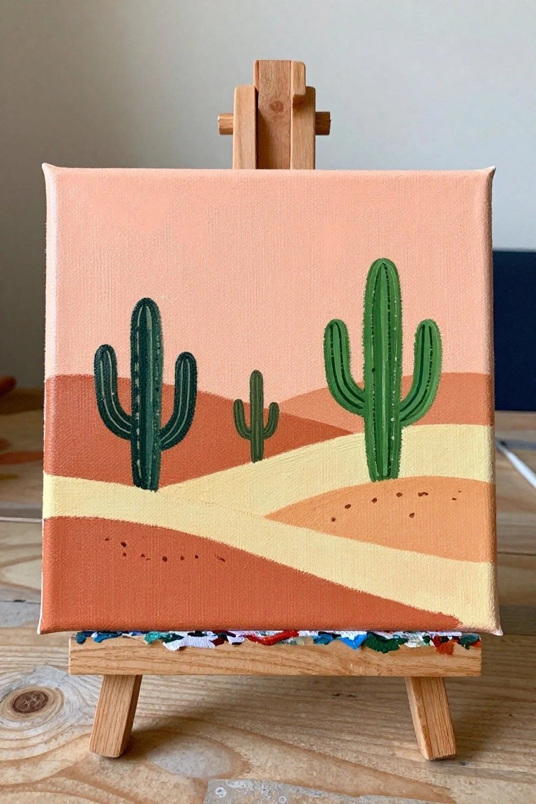 Small canvas on wooden easel shows desert with green cacti and layered hills